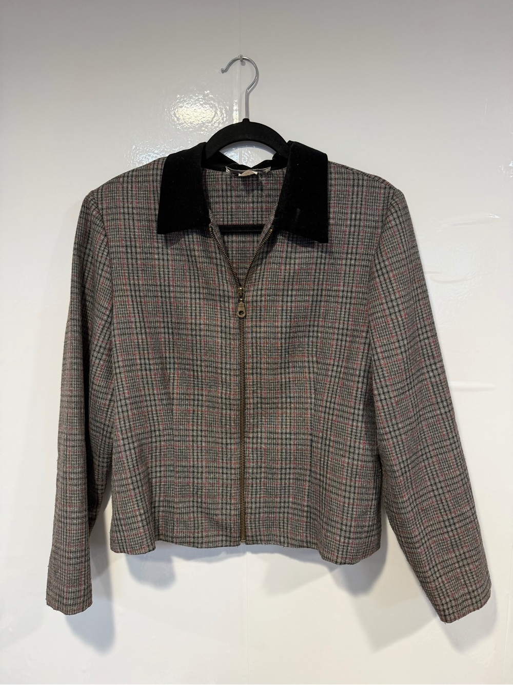 Petite Sophisticate Plaid Zip Jacket Vintage Gray Pink Black Collar Size 12